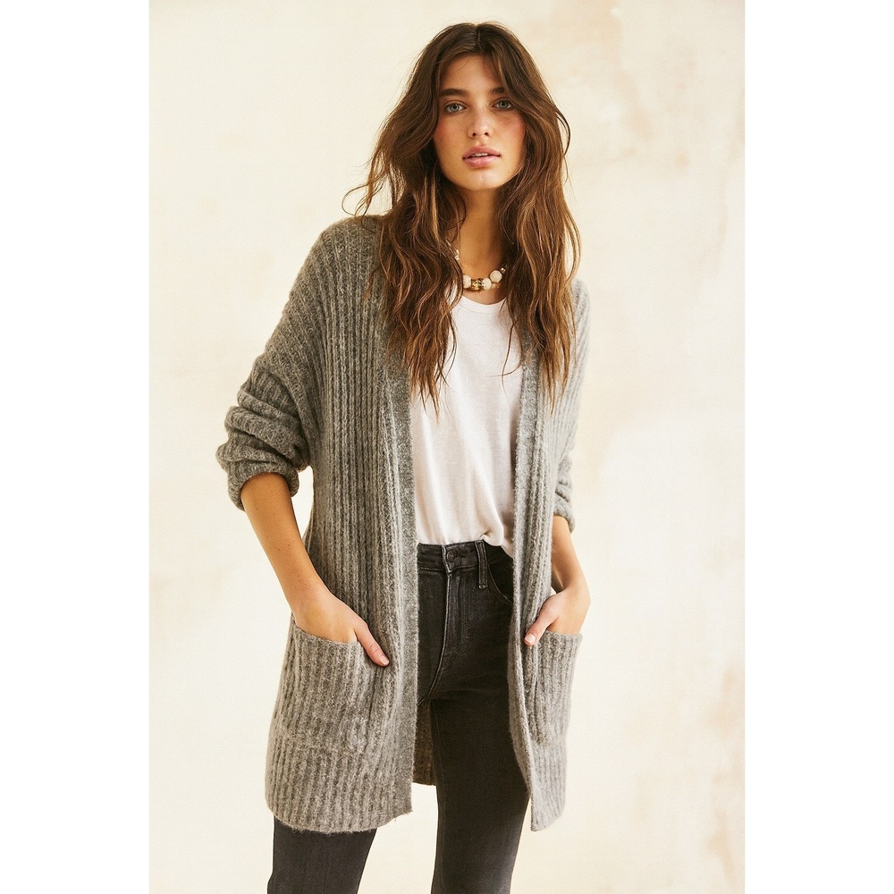 Free People Grey Alpaca Blend Ribbed Knit Long Cardigan Sweater Medium